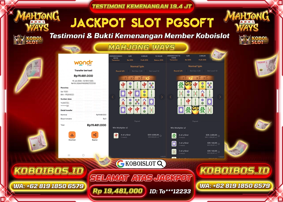 BUKTI KEMENANGAN ID To*** SLOT GACOR MAHJONG WAYS 1 Rp19.481.000,- LUNAS